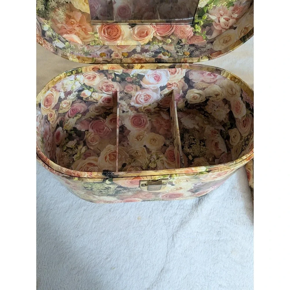Vintage 90s Floral Decoupage Rose Print Storage Train Case Cottage Core